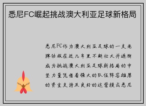 悉尼FC崛起挑战澳大利亚足球新格局